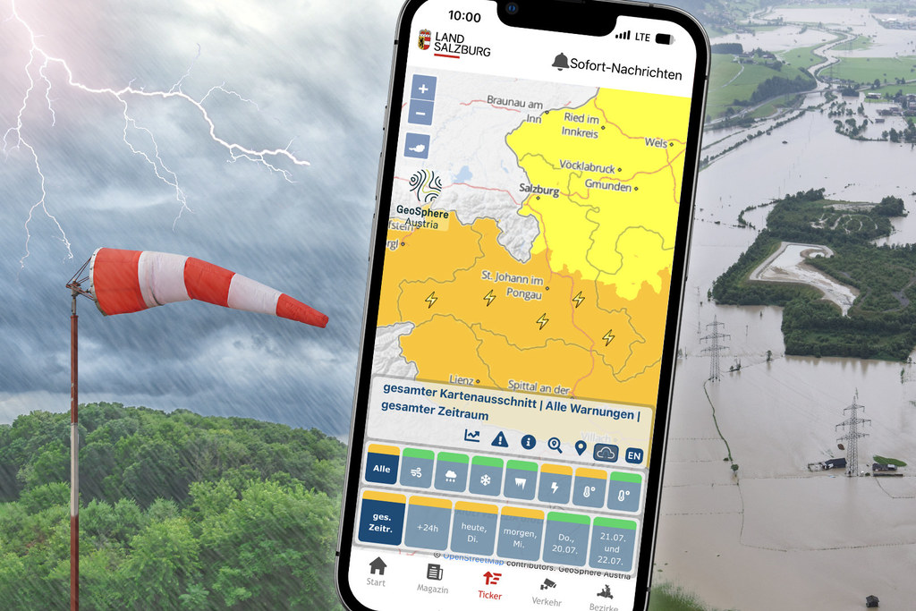 Wetterwarnungen von GeoSphere Austria gibt es immer aktuell für alle Regionen in der kostenlosen Land Salzburg App.